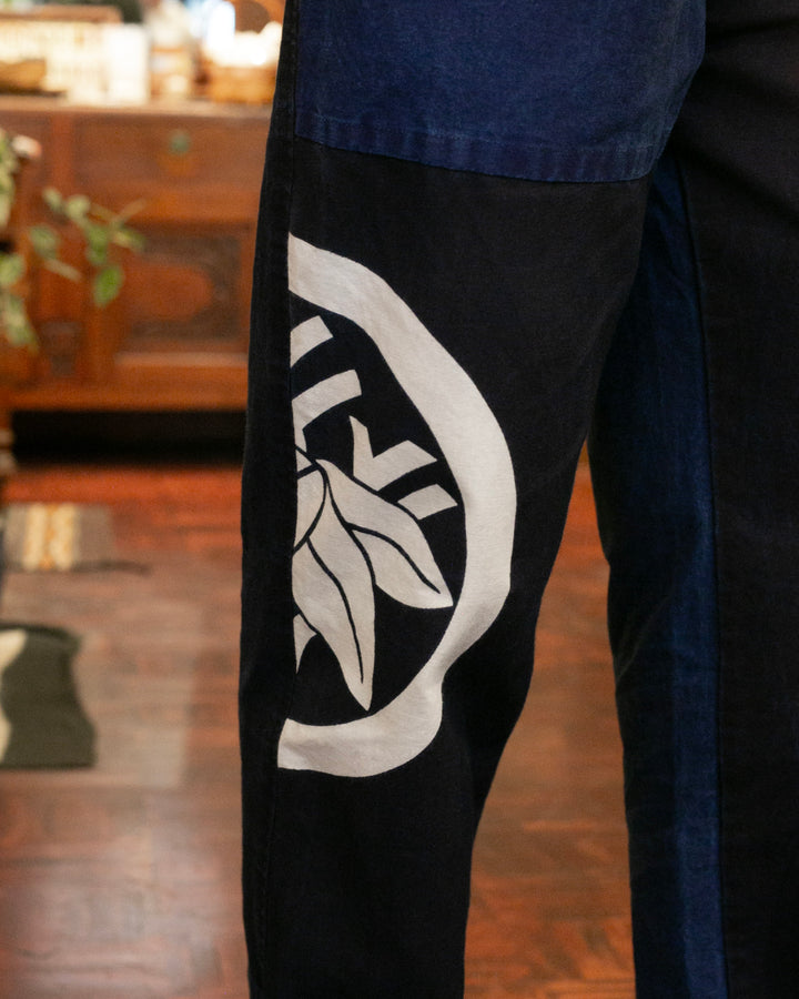 Modern Monpe Pants, Aizawa, Indigo with Kamon Crest and Shima