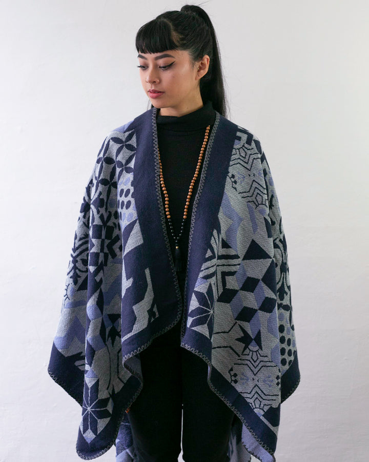 Wa-Modern Poncho, Multi Pattern, Dark Navy, Gray and Sky Blue