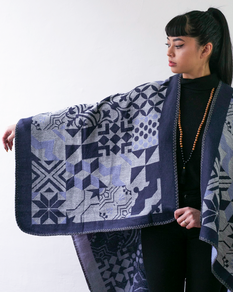 Wa-Modern Poncho, Multi Pattern, Dark Navy, Gray and Sky Blue