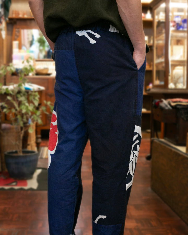 Modern Monpe Pants, Aizawa, Indigo with Kamon Crest and Shima