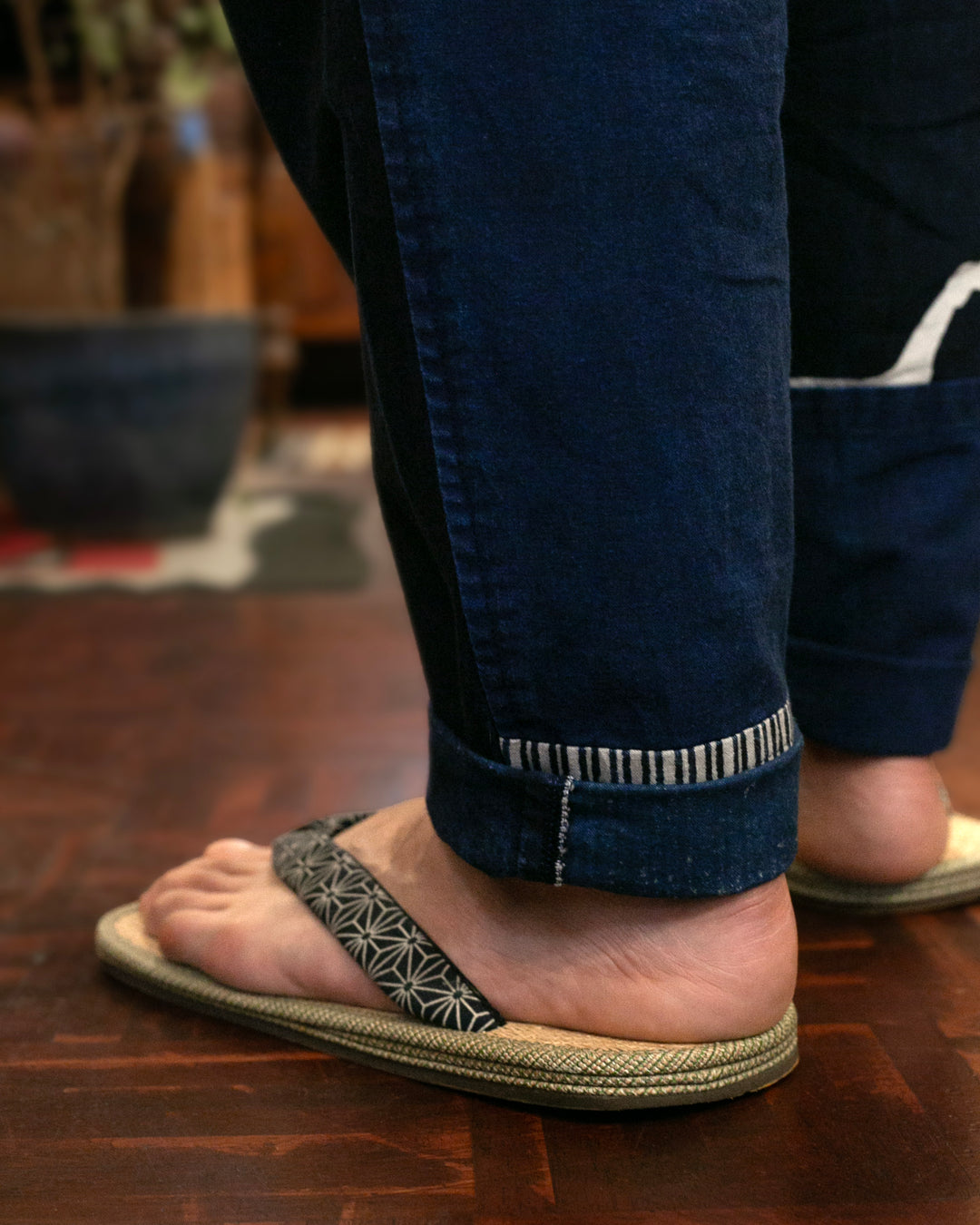 Modern Monpe Pants, Aizawa, Indigo with Kamon Crest and Shima