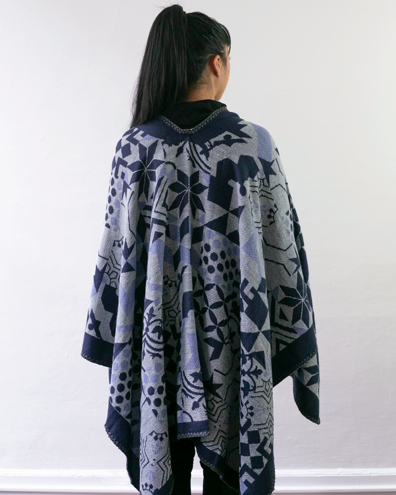 Wa-Modern Poncho, Multi Pattern, Dark Navy, Gray and Sky Blue