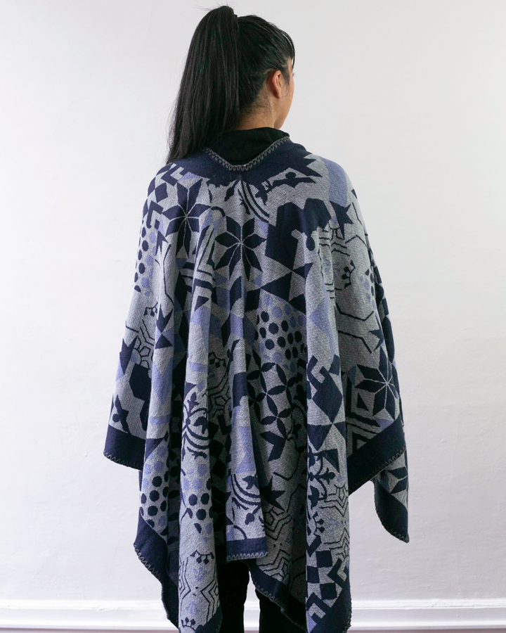 Wa-Modern Poncho, Multi Pattern, Dark Navy, Gray and Sky Blue