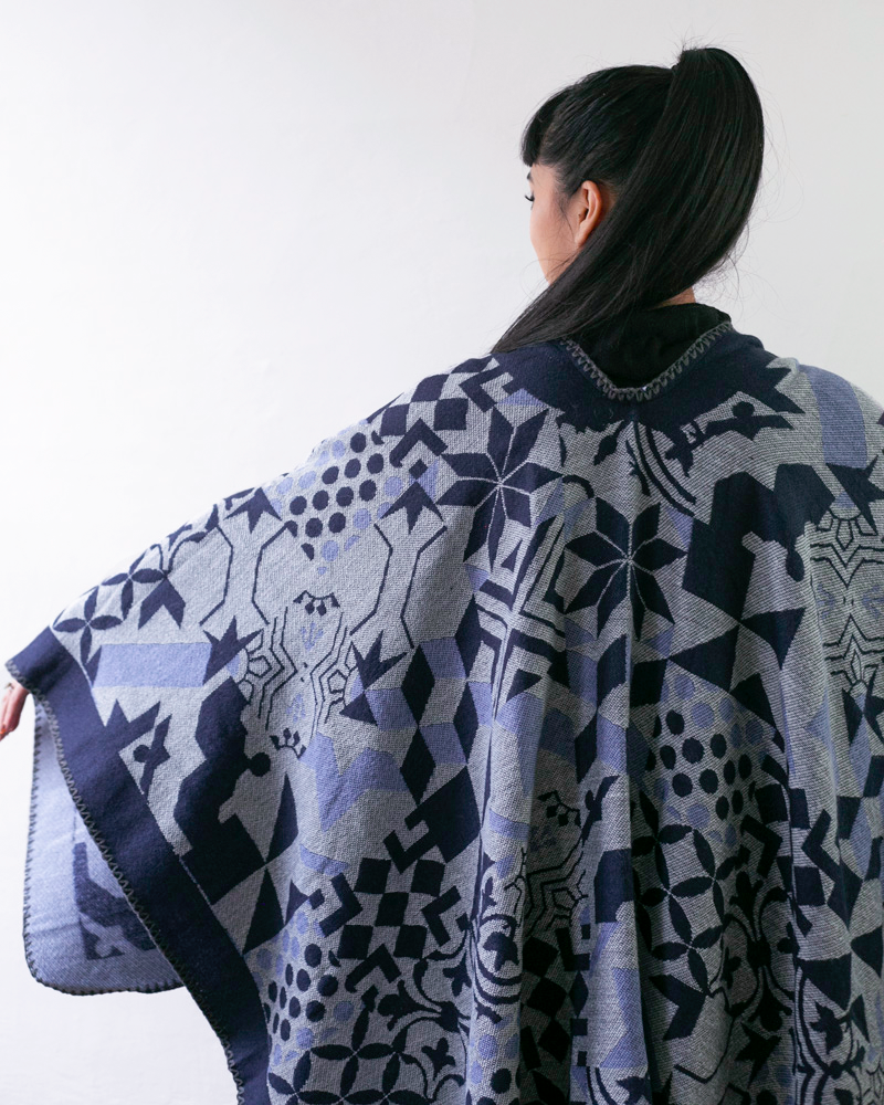 Wa-Modern Poncho, Multi Pattern, Dark Navy, Gray and Sky Blue