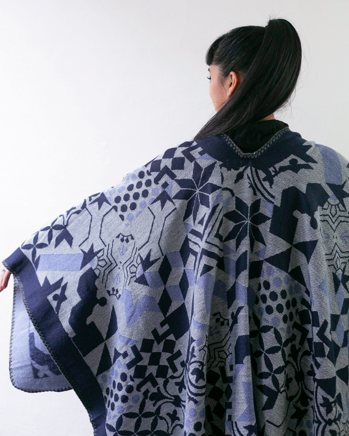 Wa-Modern Poncho, Multi Pattern, Dark Navy, Gray and Sky Blue