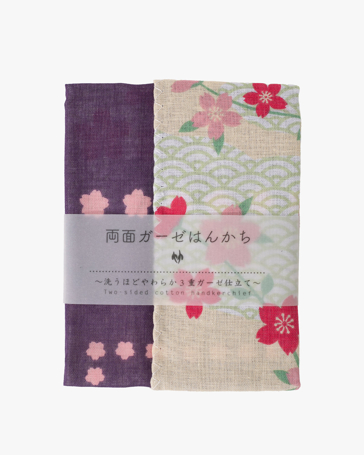 Kurochiku, Two-Sided Cotton Handkerchief, Purple and Pink Floral with Seigaiha