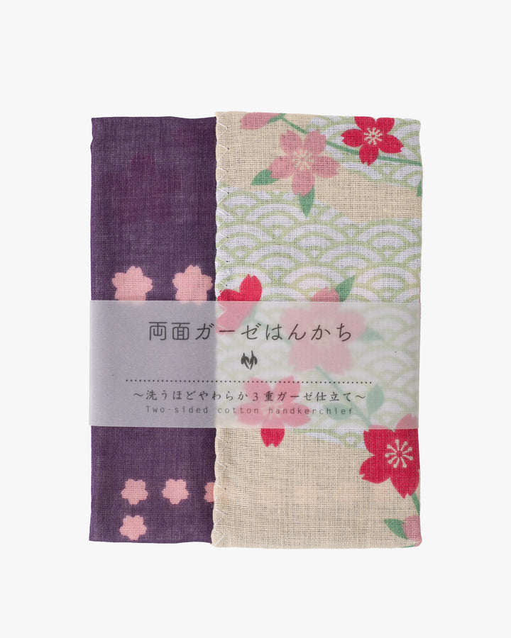 Kurochiku, Two-Sided Cotton Handkerchief, Purple and Pink Floral with Seigaiha