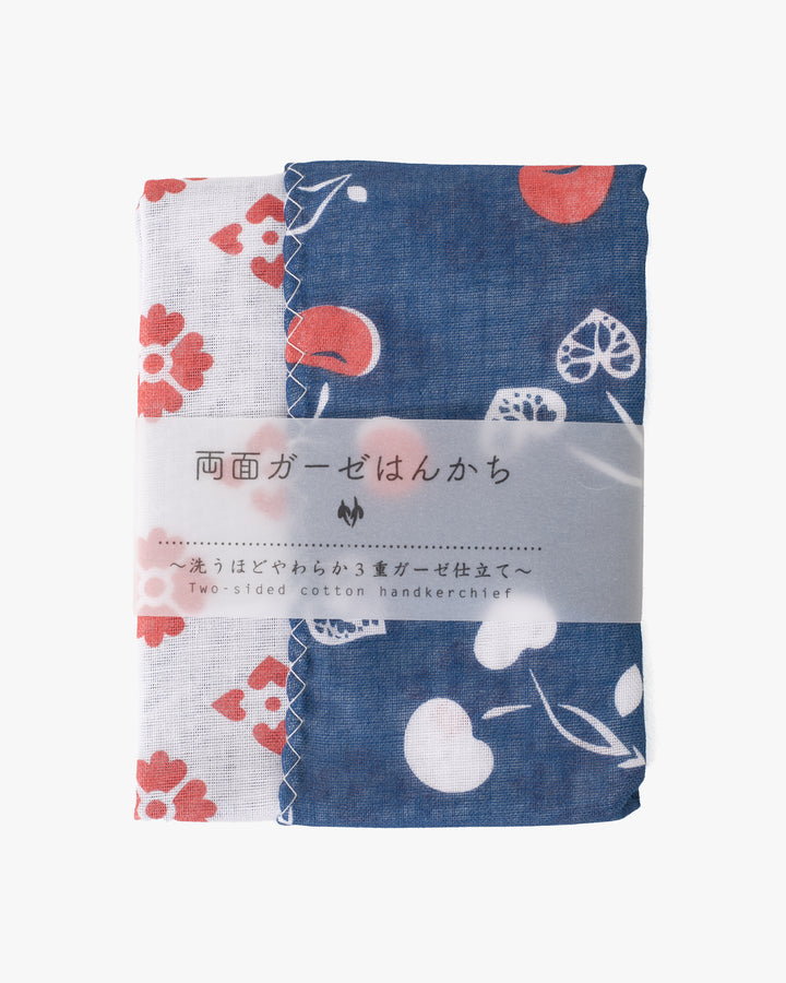 Kurochiku, Two-Sided Cotton Handkerchief, Blue and White Cherries with Hanabishi