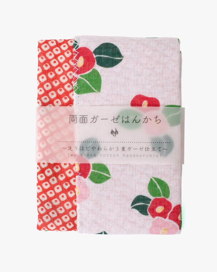 Kurochiku, Two-Sided Cotton Handkerchief, Red Shibori and White with Tsubaki