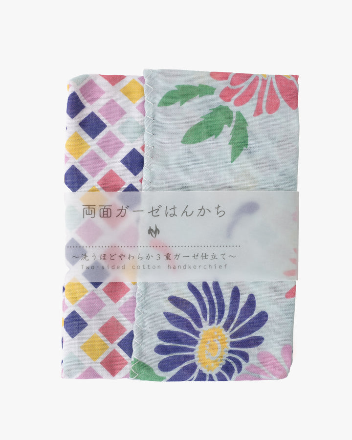 Kurochiku, Two-Sided Cotton Handkerchief, Multi-Color Floral and Tile