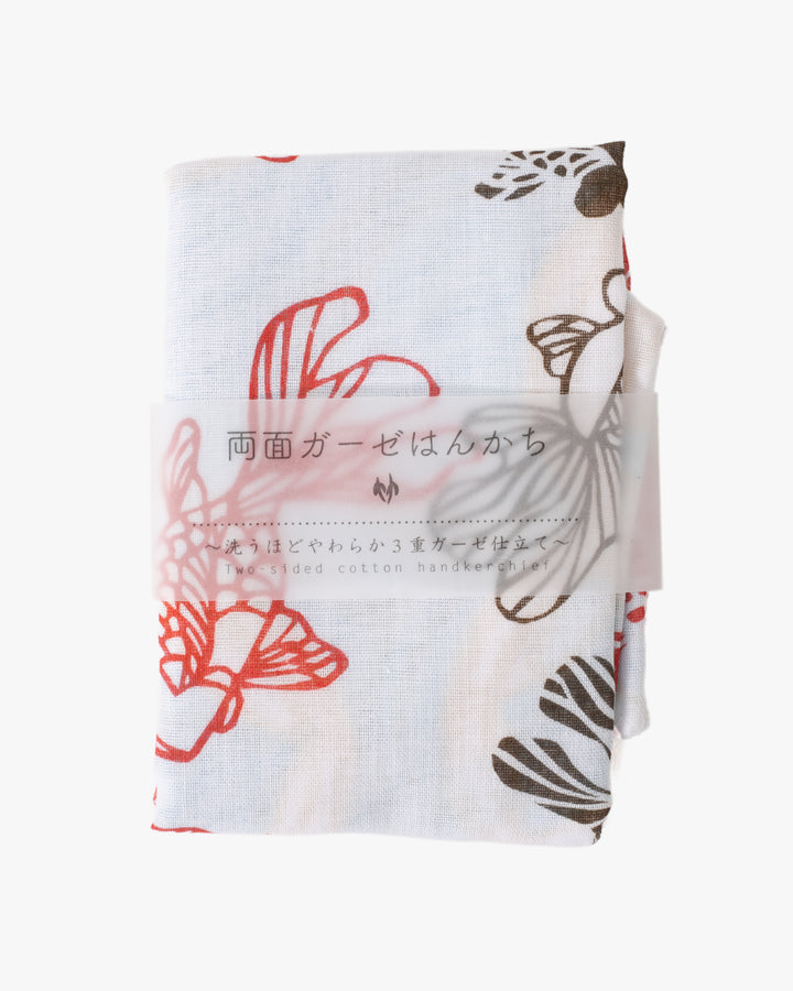Kurochiku, Two-Sided Cotton Handkerchief, White with Red and Black Kingyo