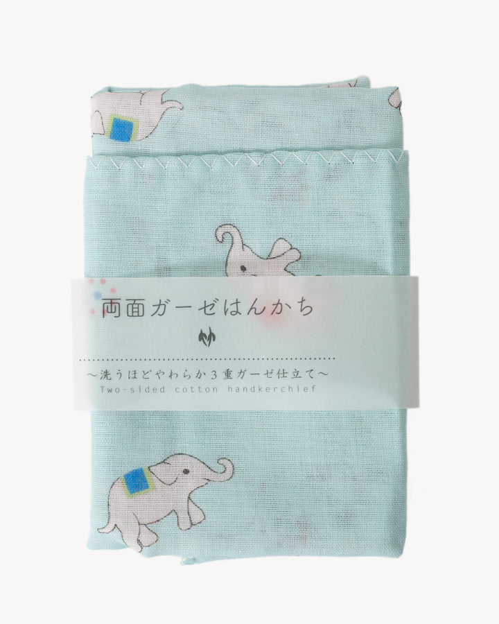 Kurochiku, Two-Sided Cotton Handkerchief, Light Blue with Elephants