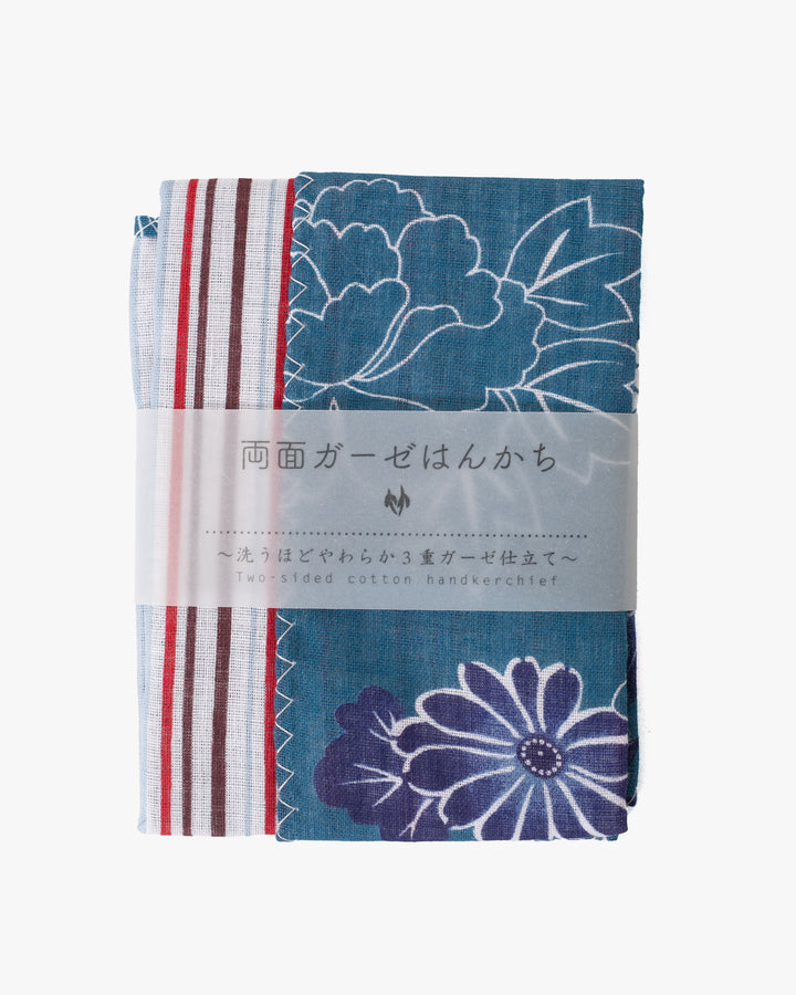 Kurochiku, Two-Sided Cotton Handkerchief, Blue Florals with Multi-Color Shima