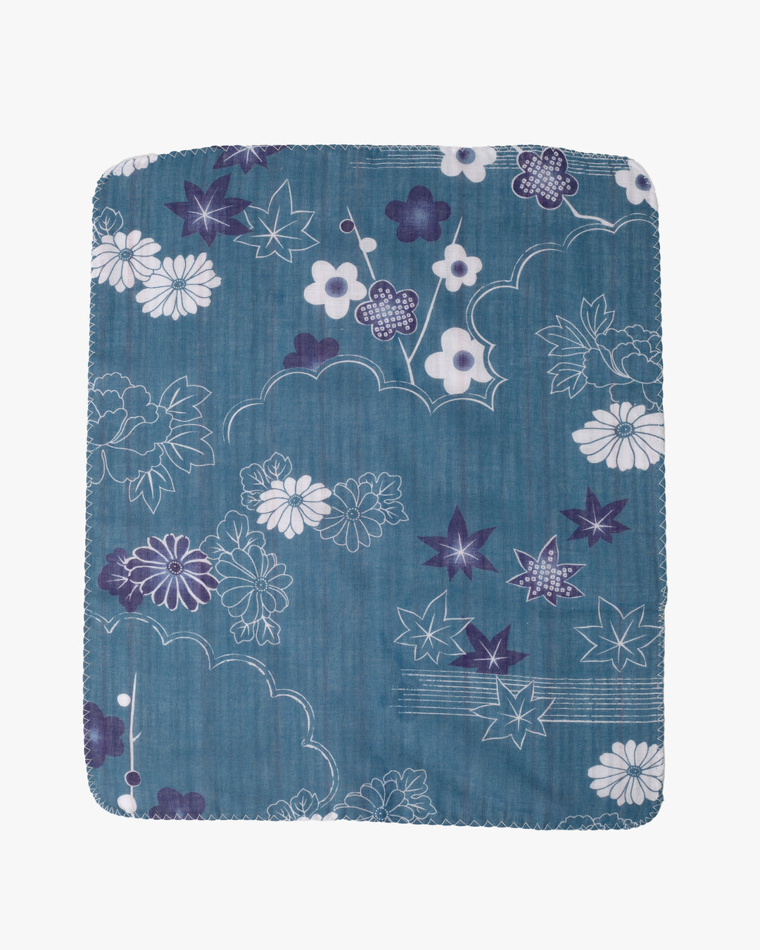 Kurochiku, Two-Sided Cotton Handkerchief, Blue Florals with Multi-Color Shima