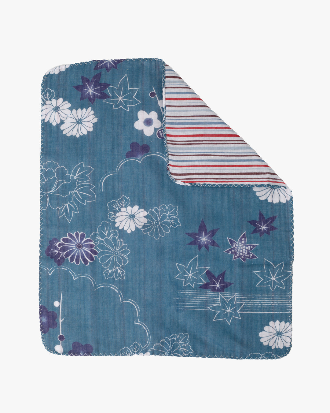 Kurochiku, Two-Sided Cotton Handkerchief, Blue Florals with Multi-Color Shima
