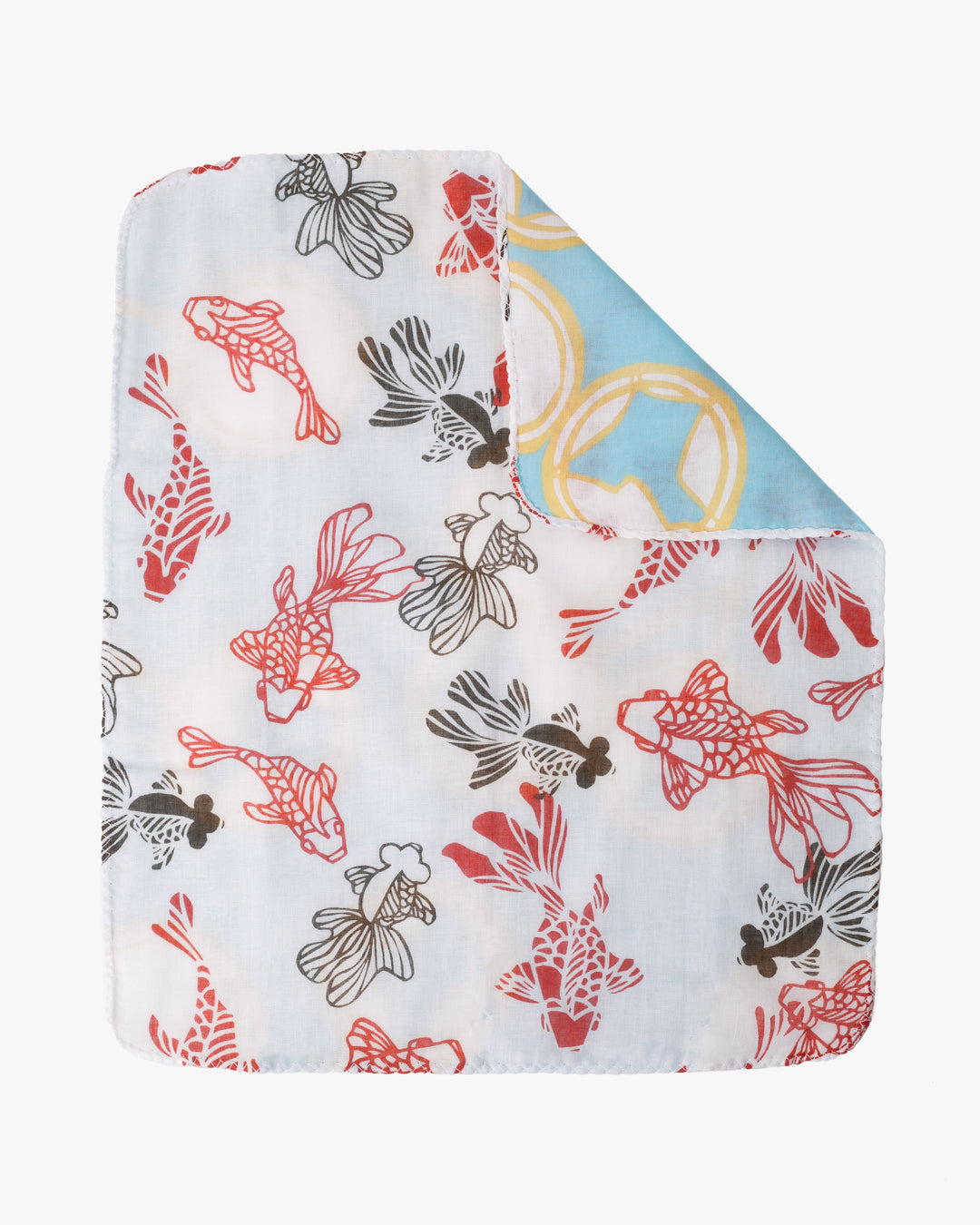 Kurochiku, Two-Sided Cotton Handkerchief, White with Red and Black Kingyo