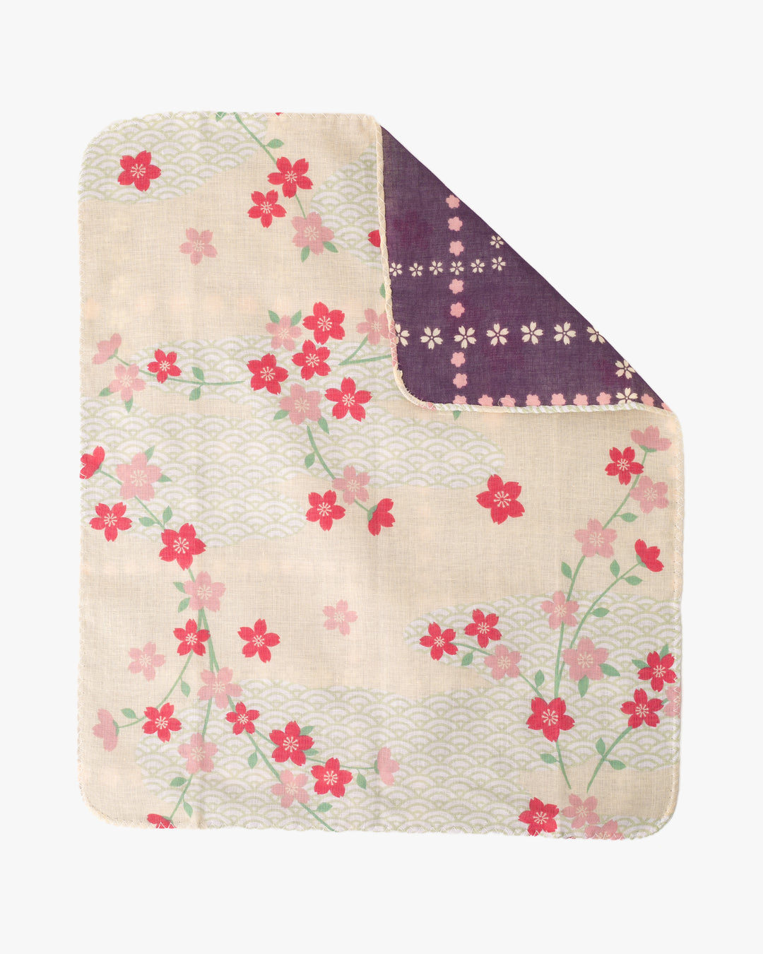 Kurochiku, Two-Sided Cotton Handkerchief, Purple and Pink Floral with Seigaiha