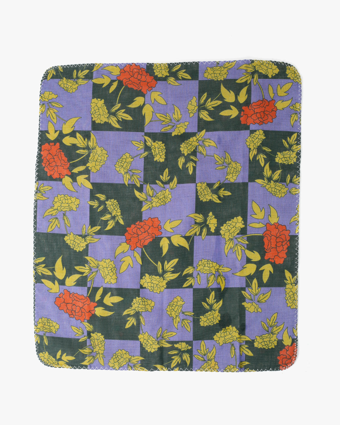 Kurochiku, Two-Sided Cotton Handkerchief, Dark Green and Purple Ichimatsu with Floral