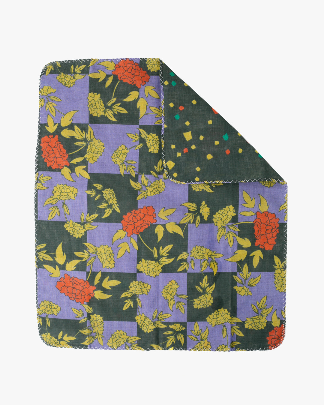 Kurochiku, Two-Sided Cotton Handkerchief, Dark Green and Purple Ichimatsu with Floral