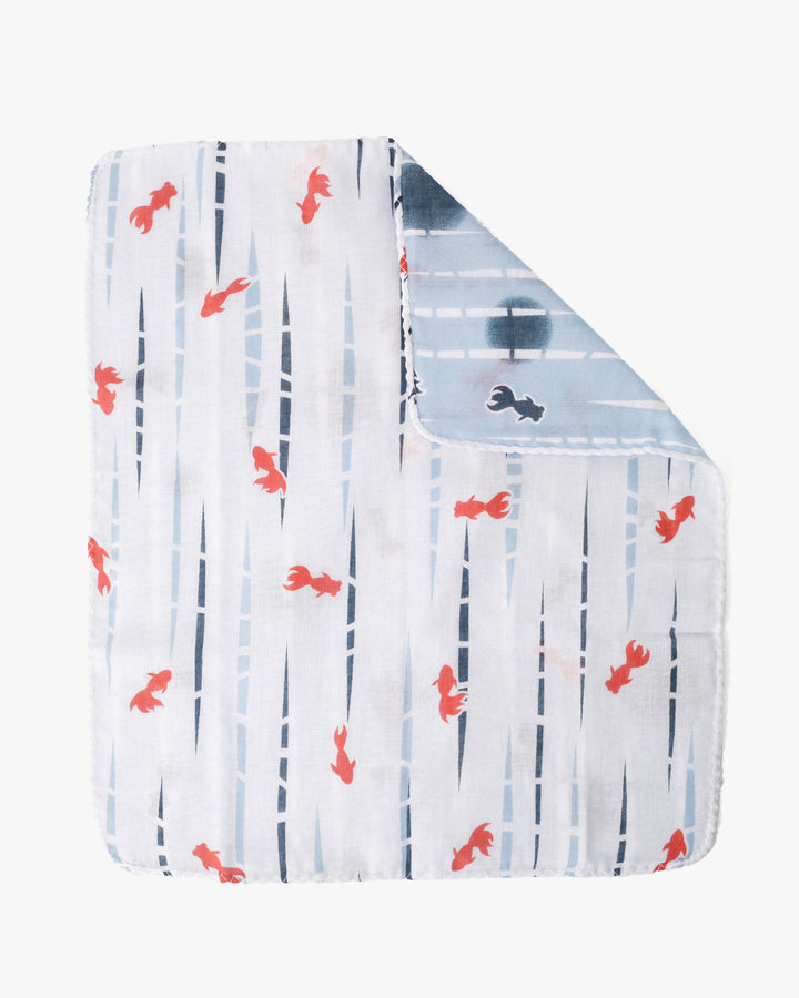 Kurochiku, Two-Sided Cotton Handkerchief, Blue and White Kingyo