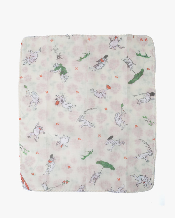 Kurochiku, Two-Sided Cotton Handkerchief, Choju-Giga and Orange Floral