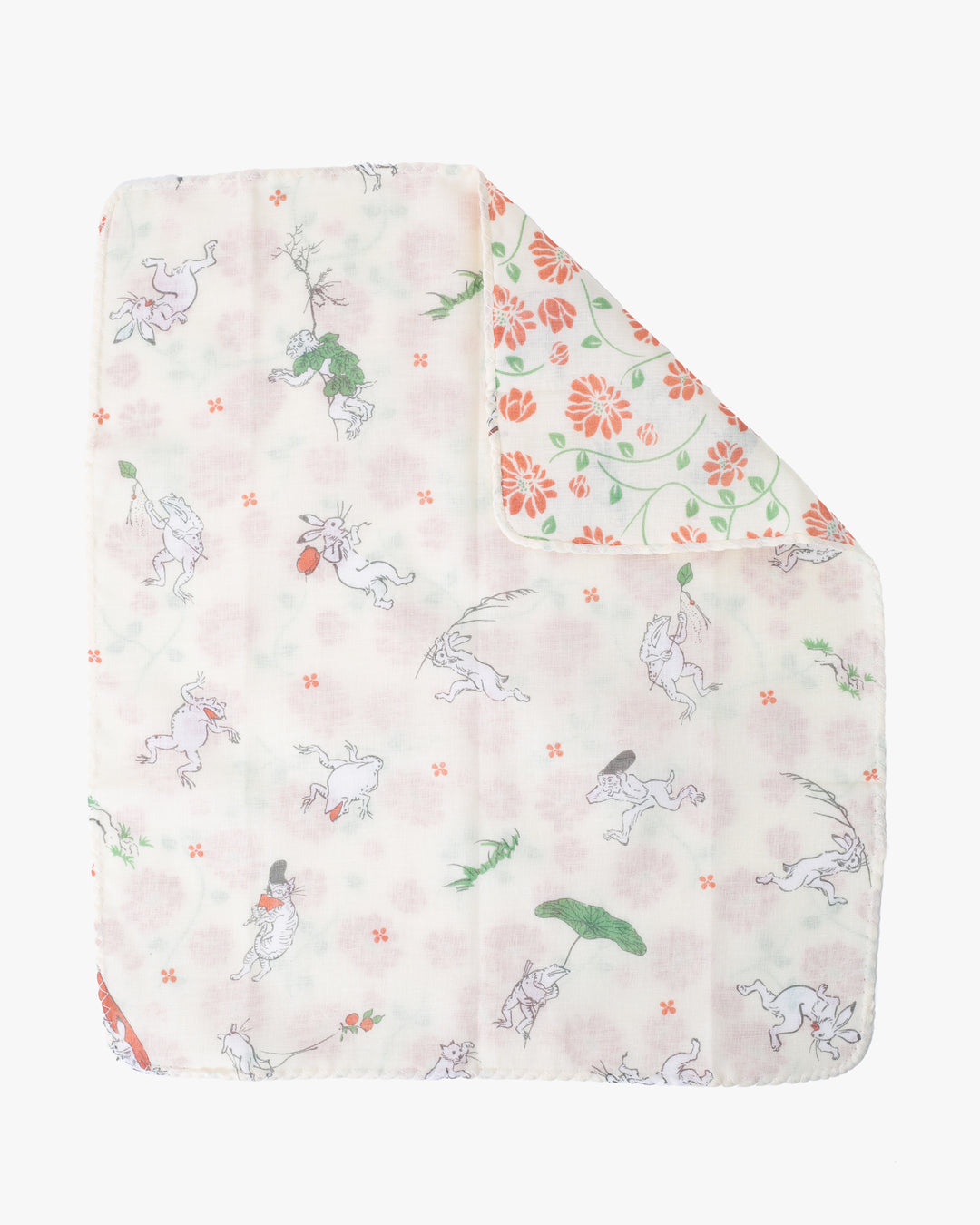 Kurochiku, Two-Sided Cotton Handkerchief, Choju-Giga and Orange Floral
