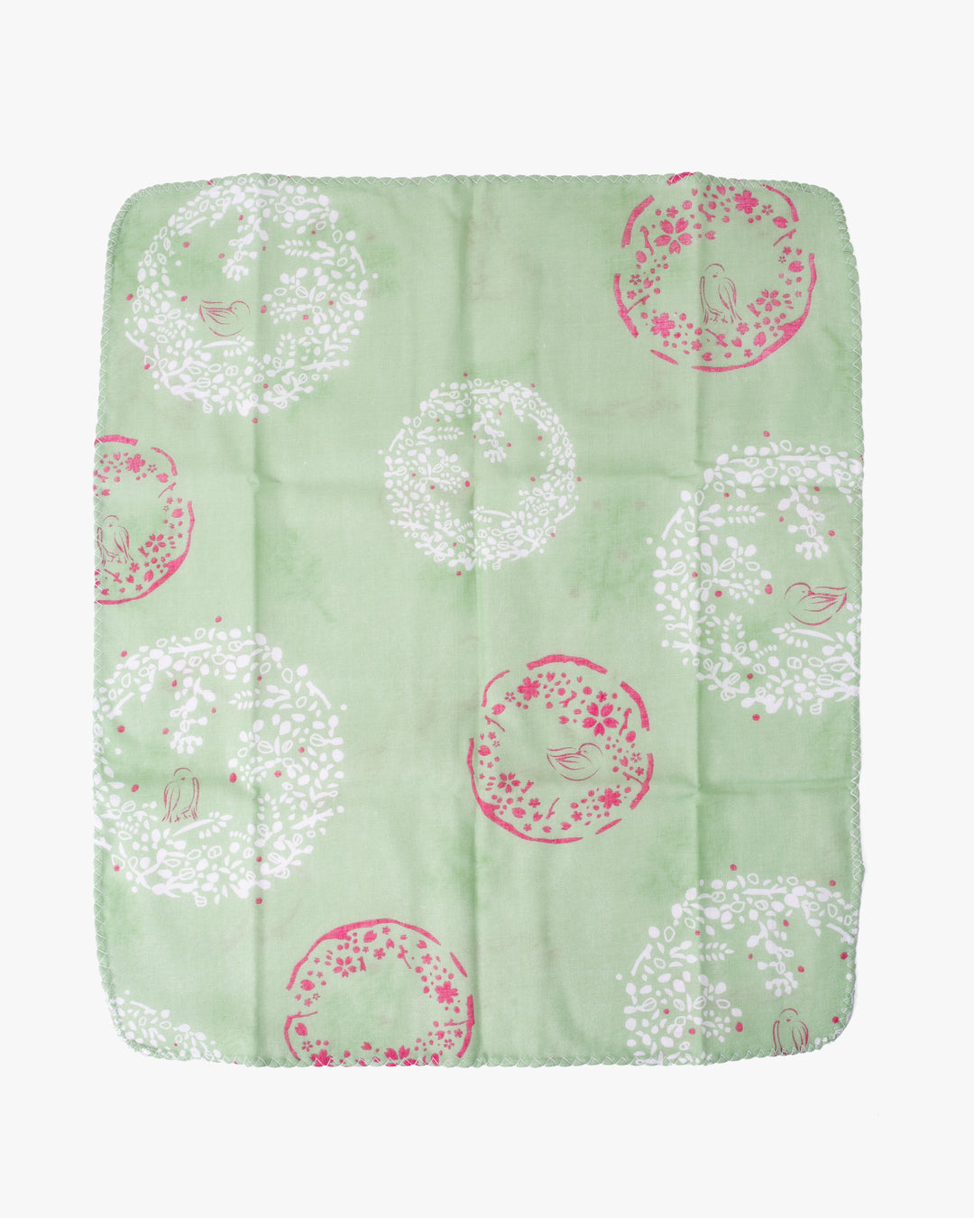 Kurochiku, Two-Sided Cotton Handkerchief, Green, White, and Pink with Birds