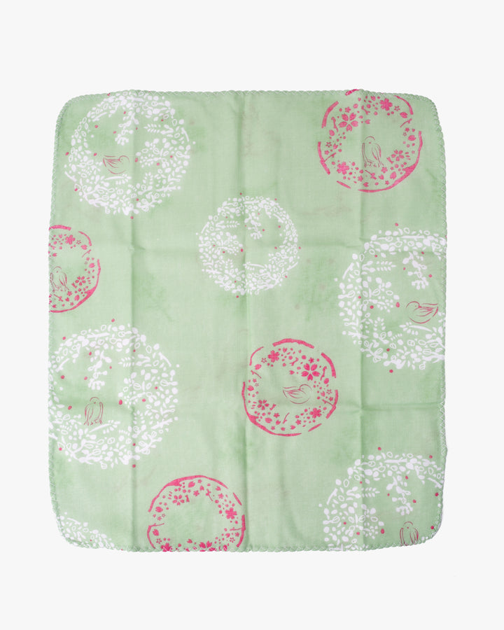 Kurochiku, Two-Sided Cotton Handkerchief, Green, White, and Pink with Birds
