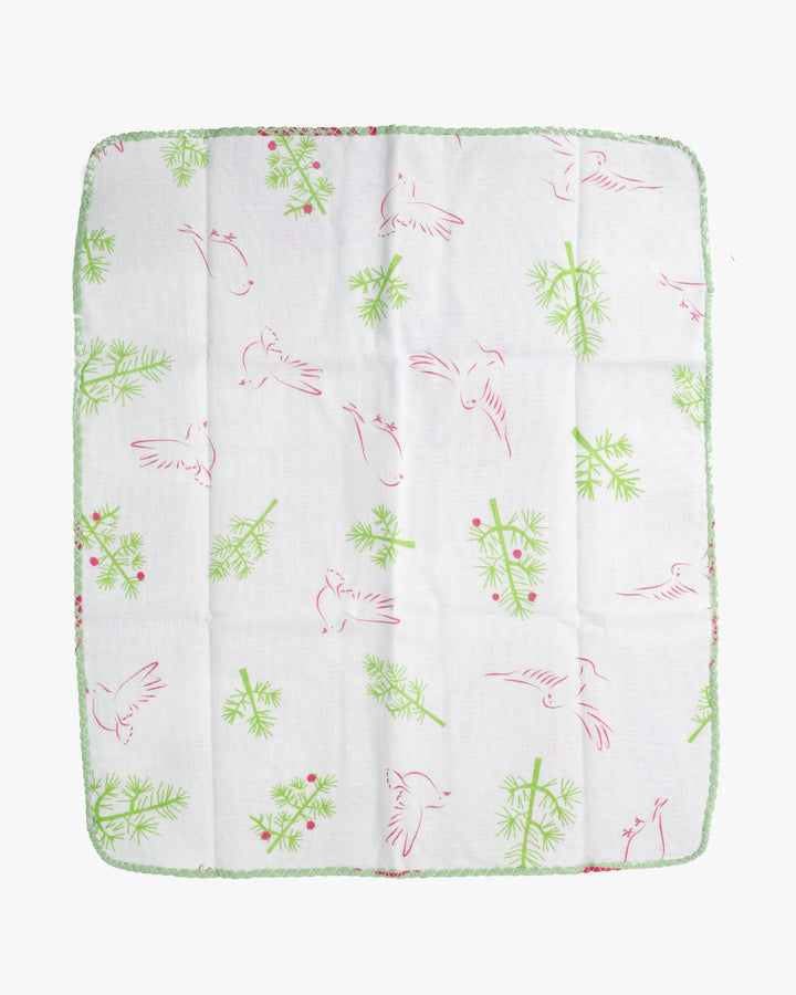 Kurochiku, Two-Sided Cotton Handkerchief, Green, White, and Pink with Birds