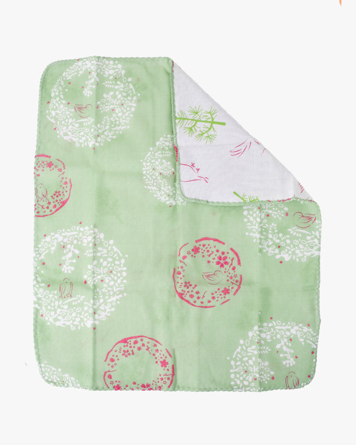 Kurochiku, Two-Sided Cotton Handkerchief, Green, White, and Pink with Birds