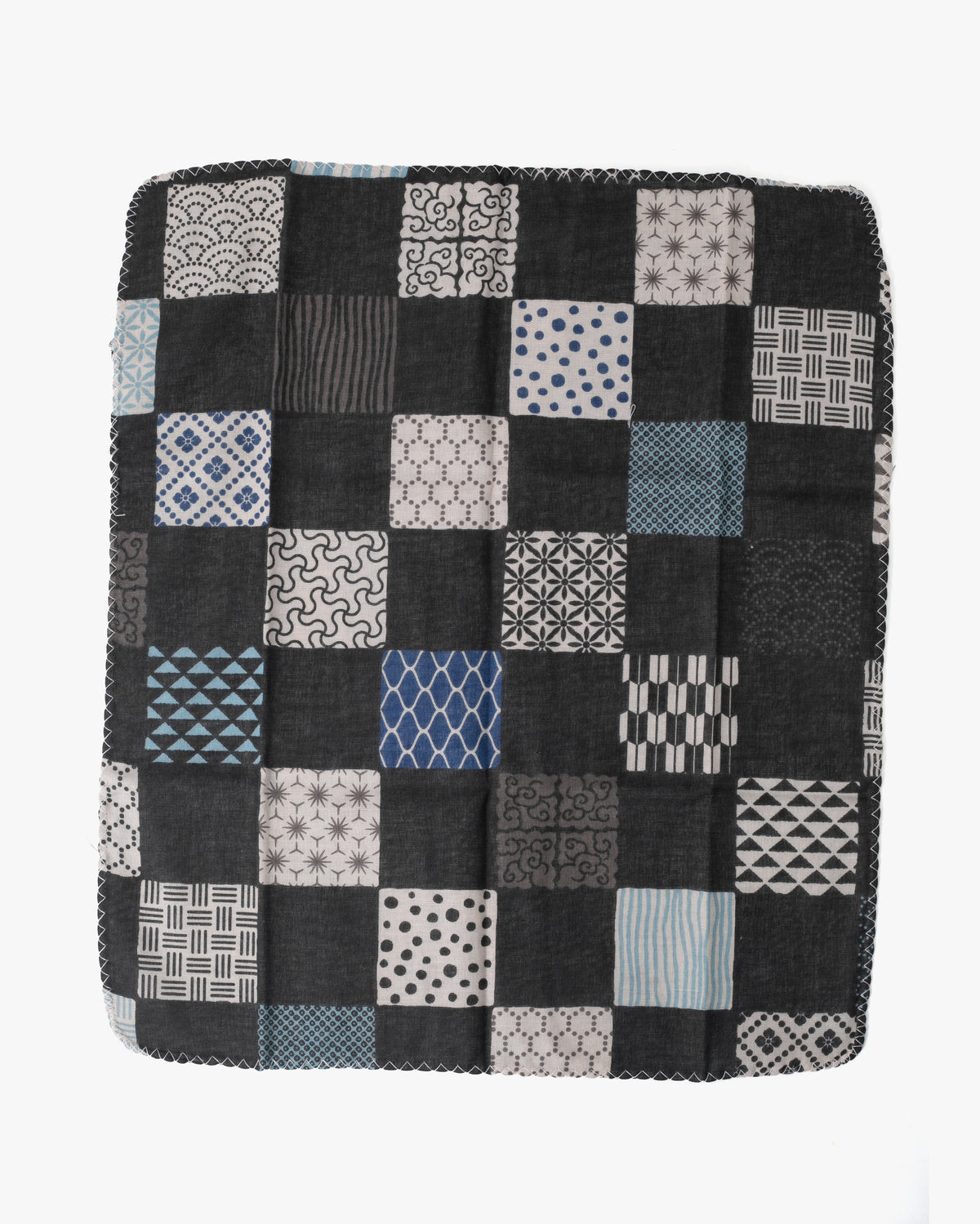 Kurochiku, Two-Sided Cotton Handkerchief, Blue and Charcoal Multi-Pattern Ichimatsu