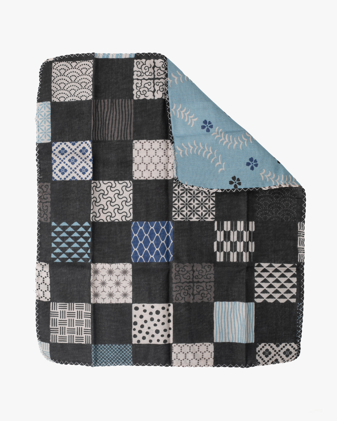 Kurochiku, Two-Sided Cotton Handkerchief, Blue and Charcoal Multi-Pattern Ichimatsu
