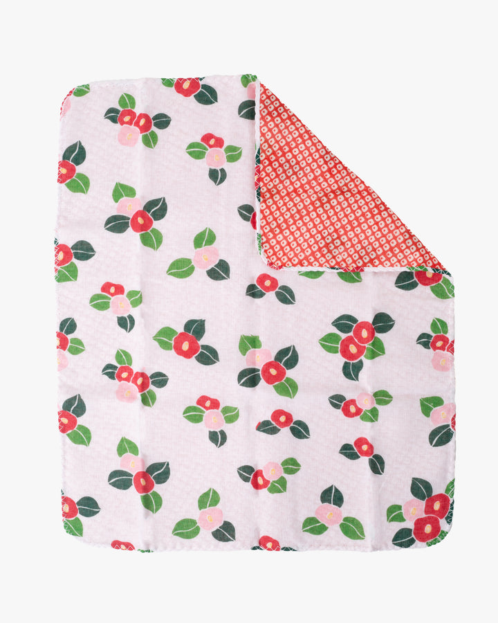 Kurochiku, Two-Sided Cotton Handkerchief, Red Shibori and White with Tsubaki