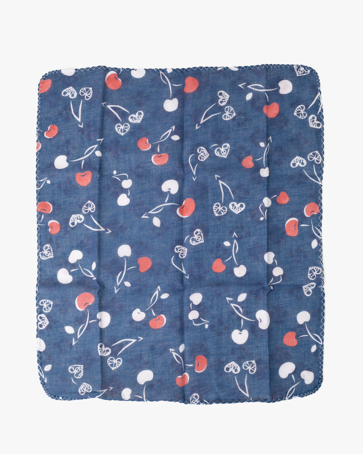 Kurochiku, Two-Sided Cotton Handkerchief, Blue and White Cherries with Hanabishi
