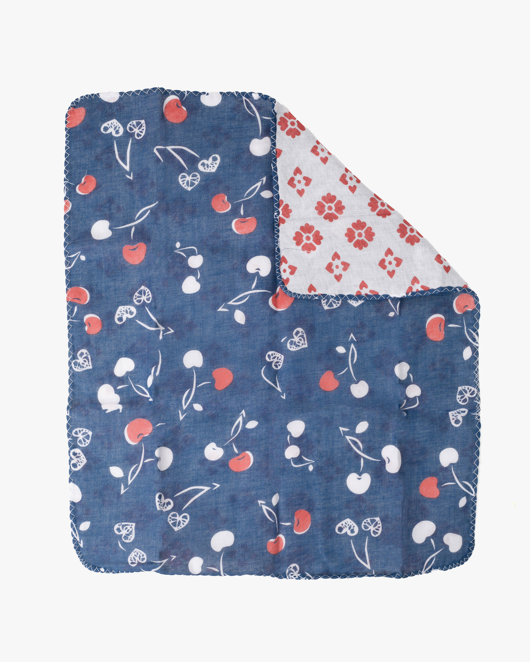 Kurochiku, Two-Sided Cotton Handkerchief, Blue and White Cherries with Hanabishi