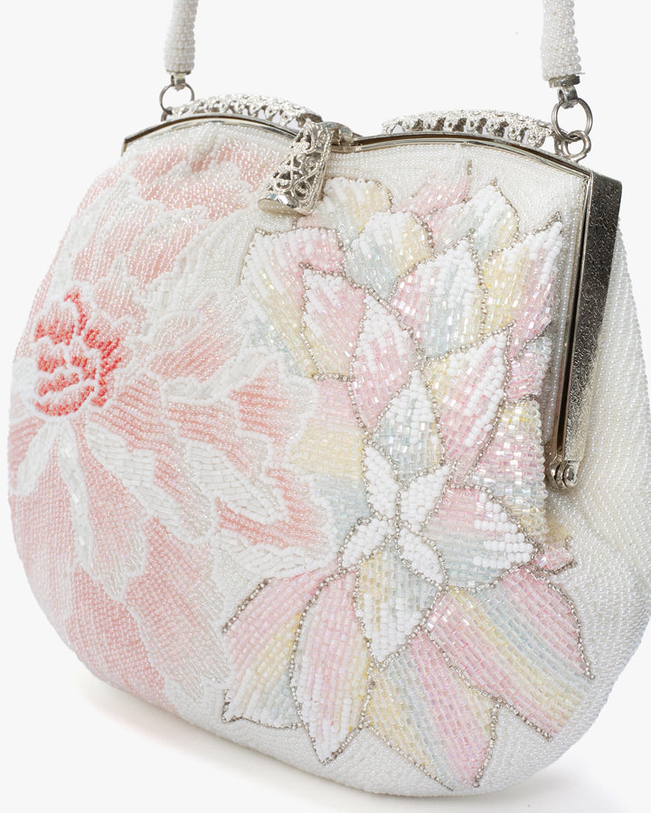 Vintage Bag, Purse, Beaded, White with Pink and Coral Flowers