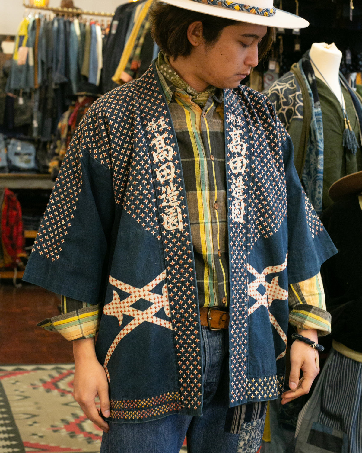 Vintage Happi Jacket, Fully Hand Stitched Sashiko, Washed Indigo, Takada Zouen