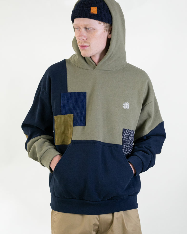 Kiriko Original Hoodie, Two Tone, Printed Daruma, Green with Navy