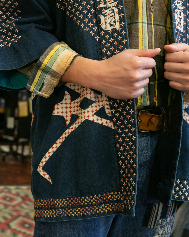 Vintage Happi Jacket, Fully Hand Stitched Sashiko, Washed Indigo, Takada Zouen