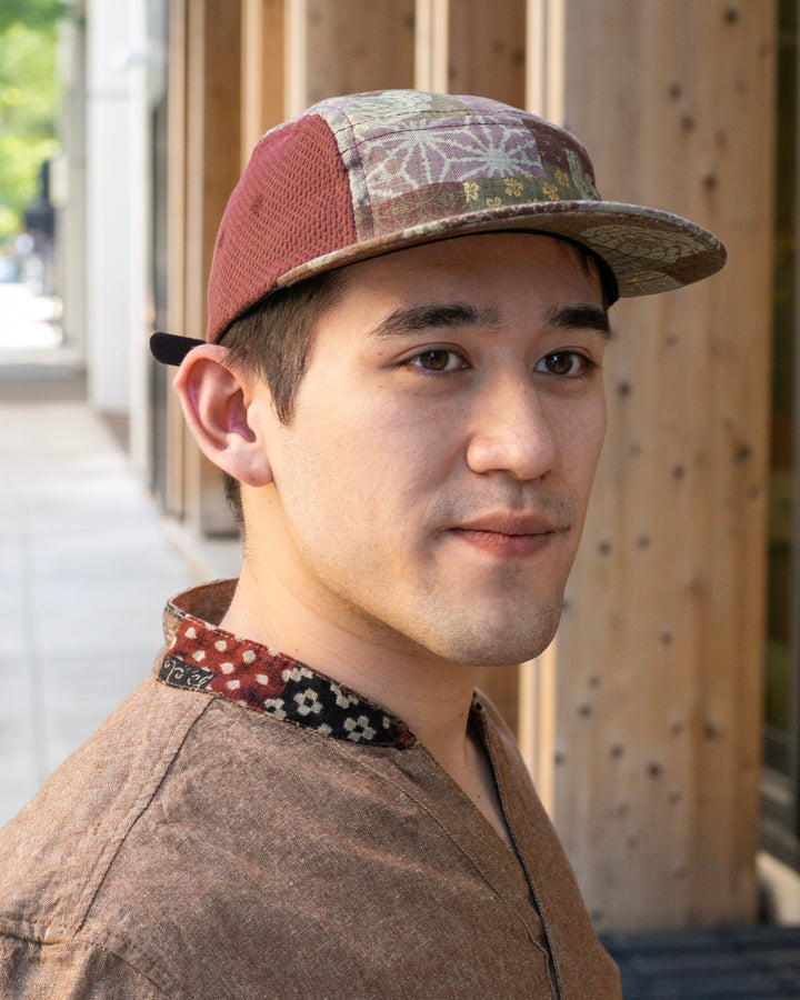 Kiriko Original Cap, 5-Panel, Two Tone, Azuki and Gold Multi Patchwork Style X Sashi-Ori