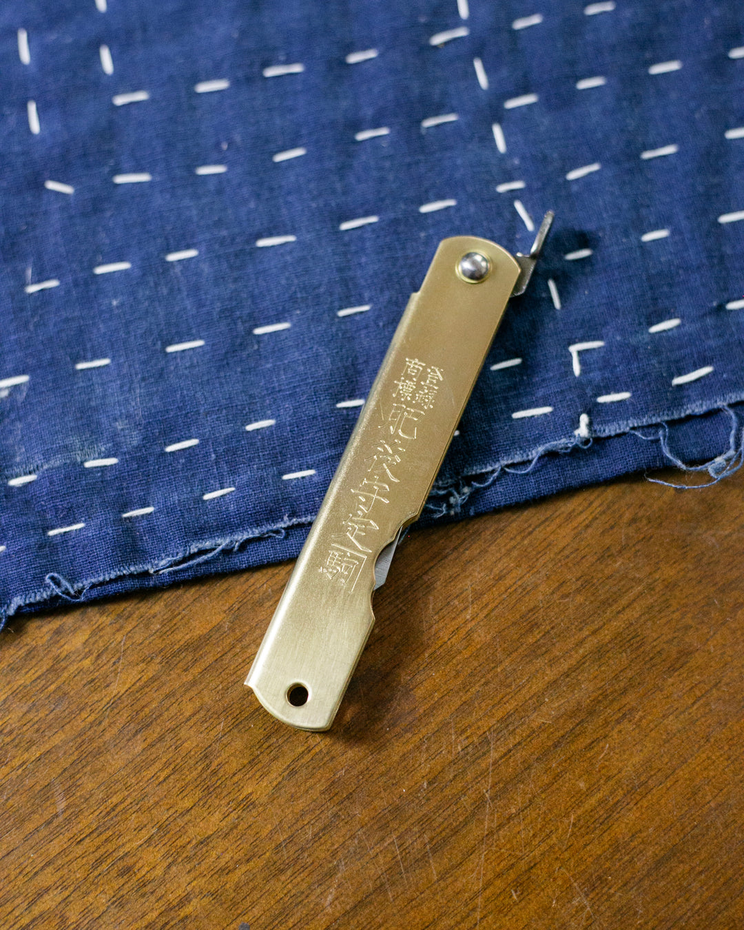 Higonokami, Japanese Knife, Mitsuosaku Aogami Warikomi, Gold 100mm