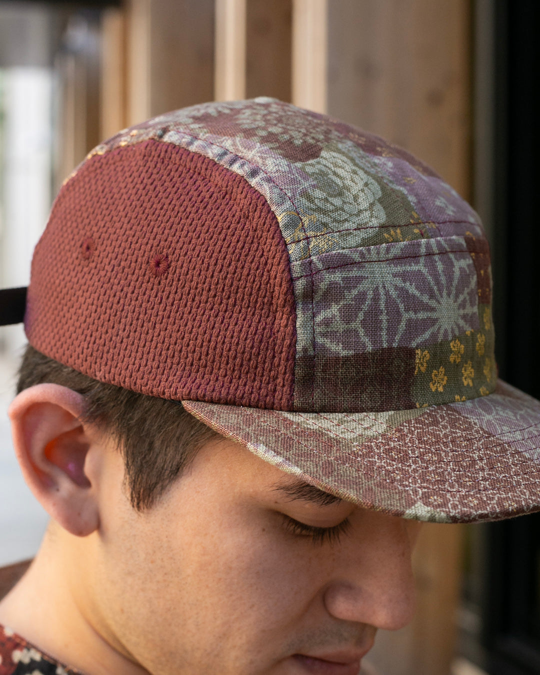 Kiriko Original Cap, 5-Panel, Two Tone, Azuki and Gold Multi Patchwork Style X Sashi-Ori
