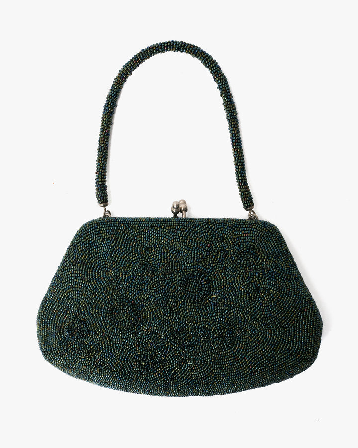 Vintage Bag, Purse, Beaded, Emerald with Floral Pattern