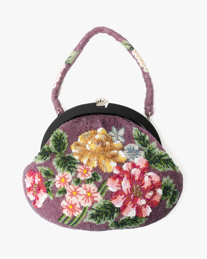 Vintage Bag, Purse, Beaded, Taupe with Multicolored Flowers