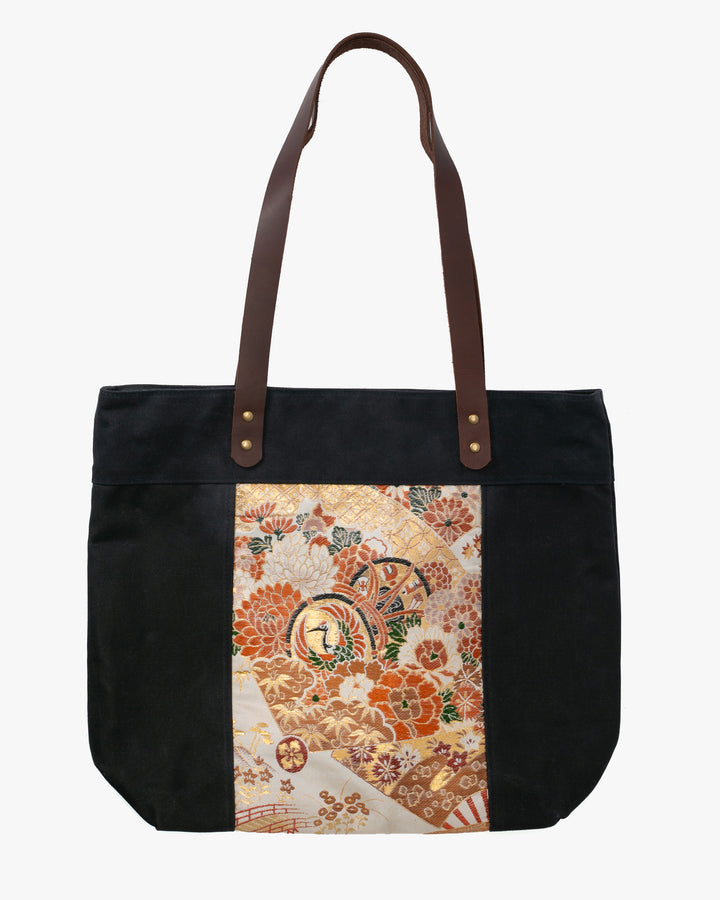 Kiriko Original Waxed Canvas Obi Tote Bag, Black, Gold Flowers and Scenery