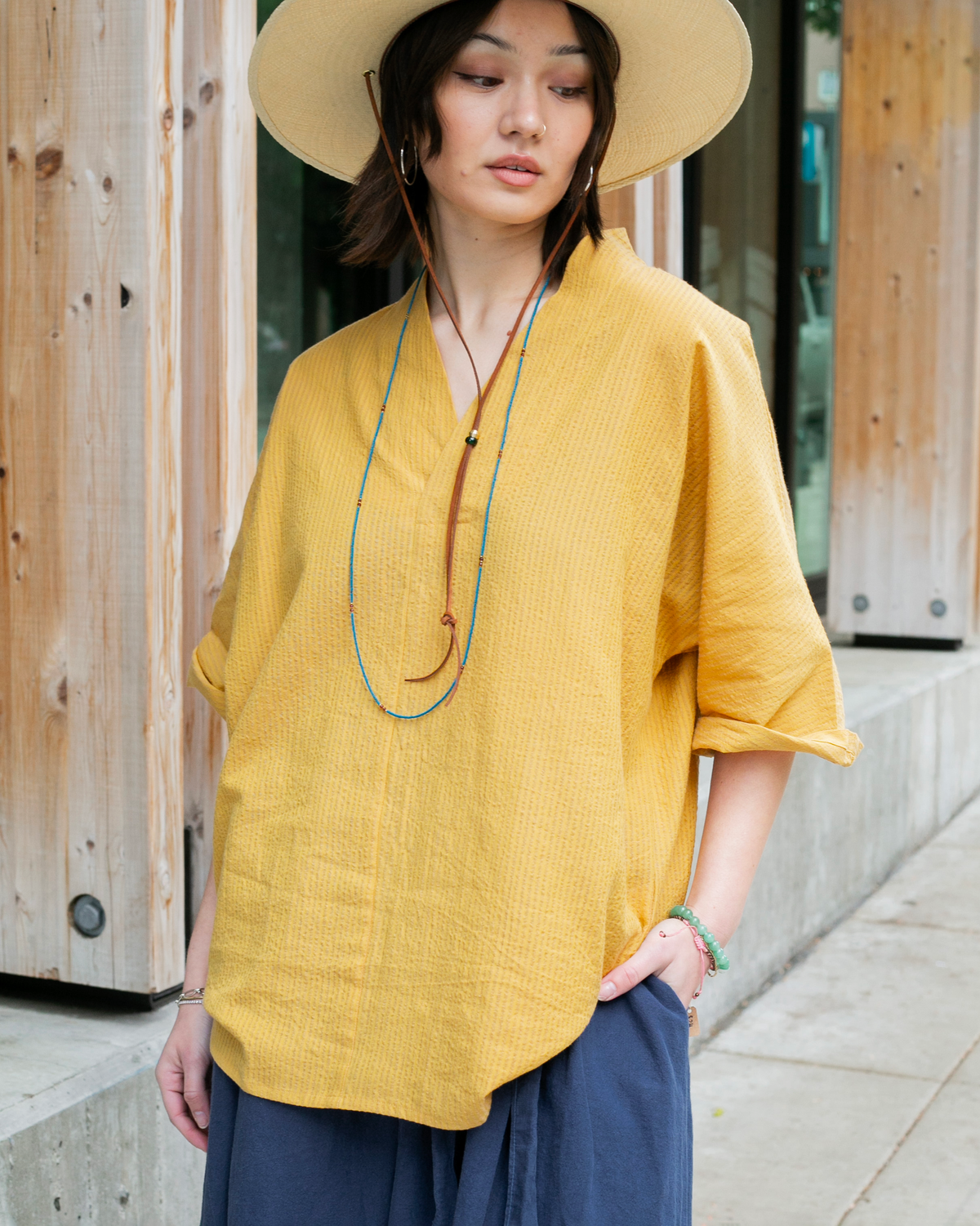 Sunflower chijimi V-neck tunic by Kiriko x ToK