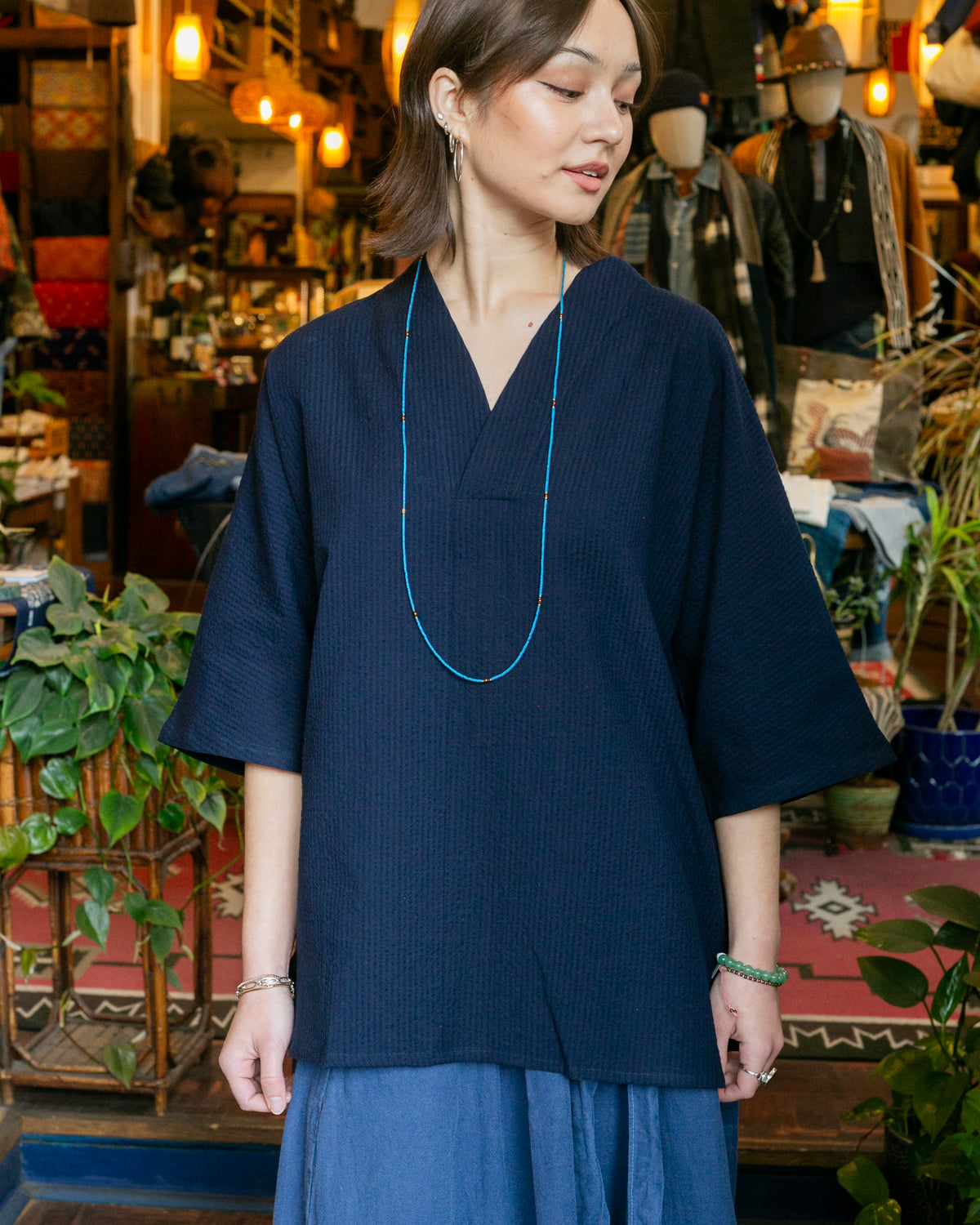 Kiriko x ToK, V-Neck Tunic, Indigo Chijimi