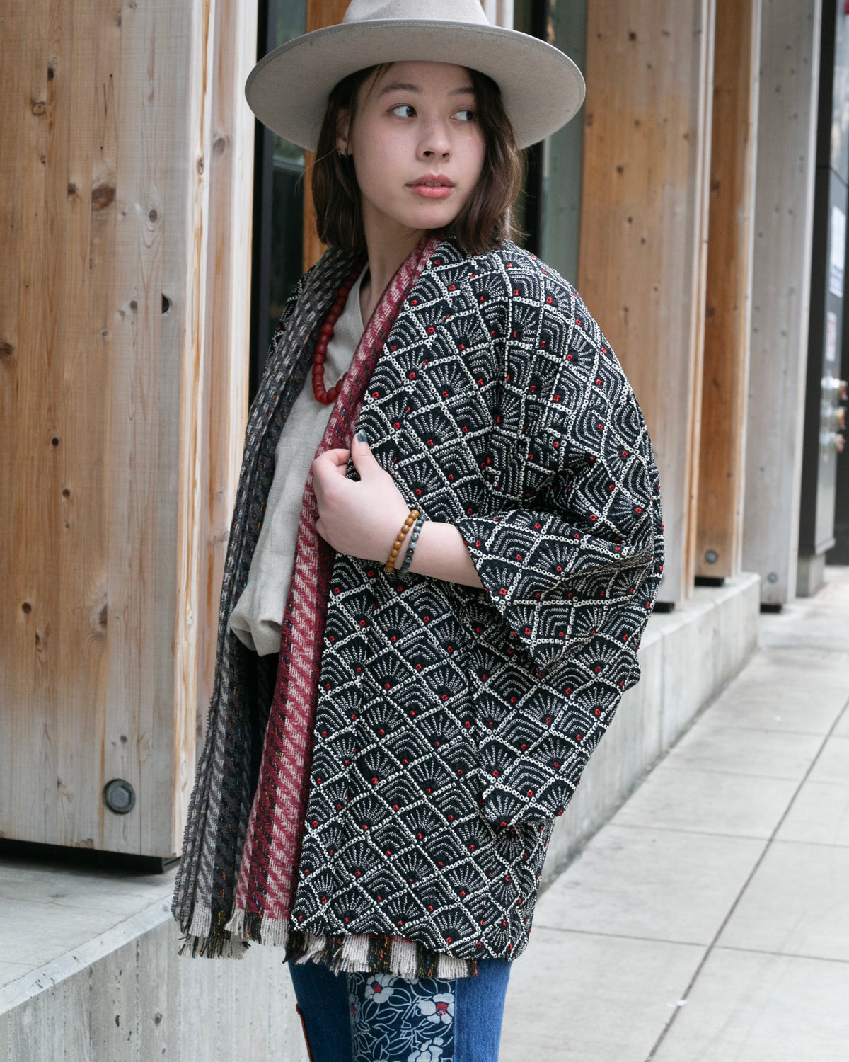 Vintage Haori Jacket, Full Shibori, Hanabishi, Black and Red
