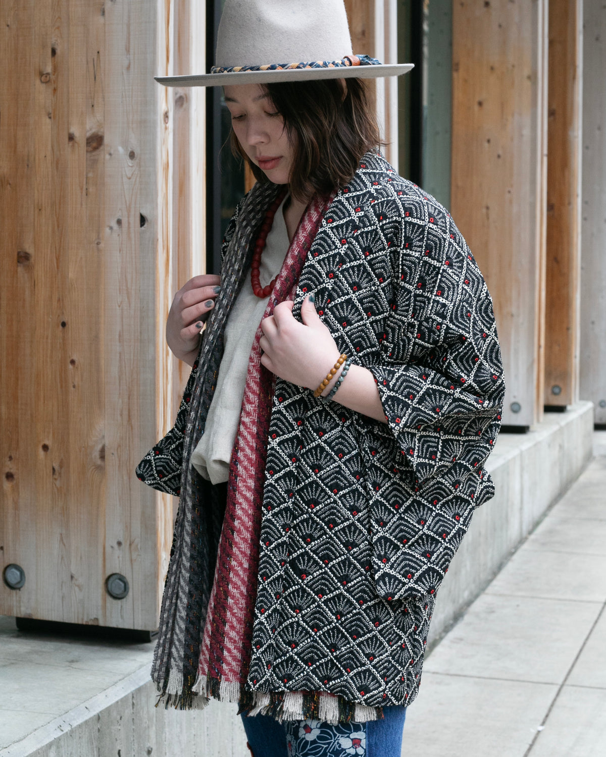 Vintage Haori Jacket, Full Shibori, Hanabishi, Black and Red