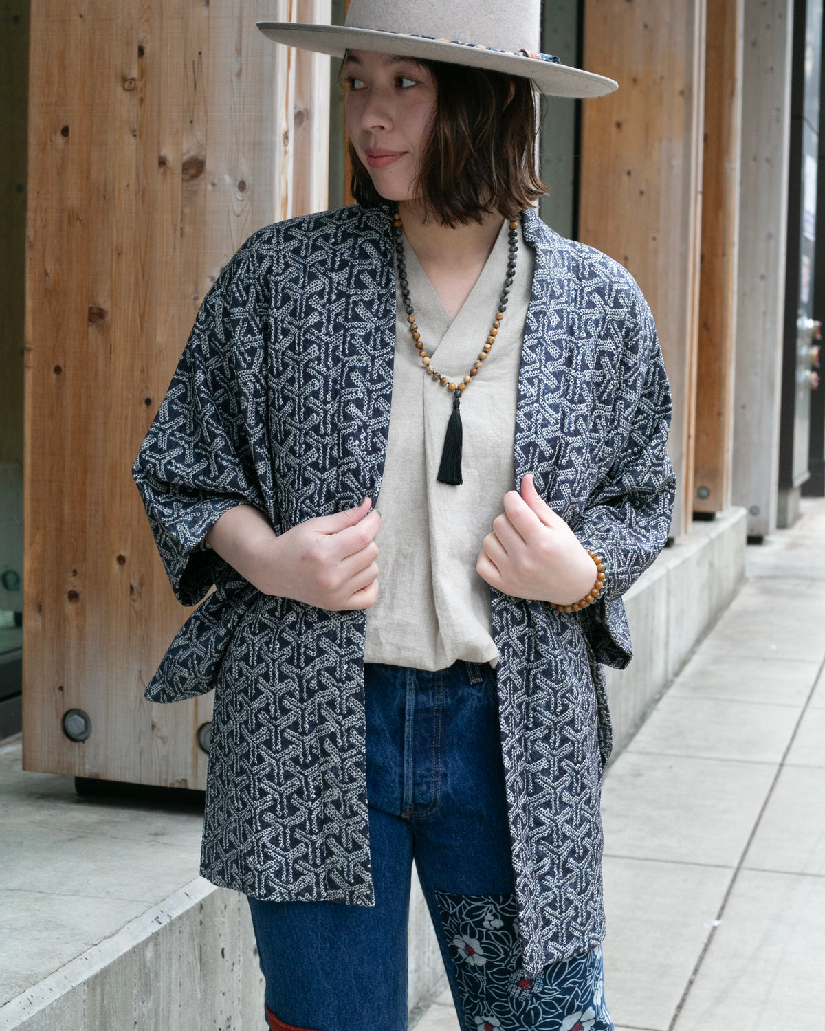 Vintage Haori Jacket, Full Shibori, Bishamon Kikkou, Washed Indigo